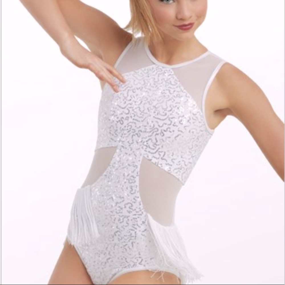 White one piece sequin dance costume with fringe.